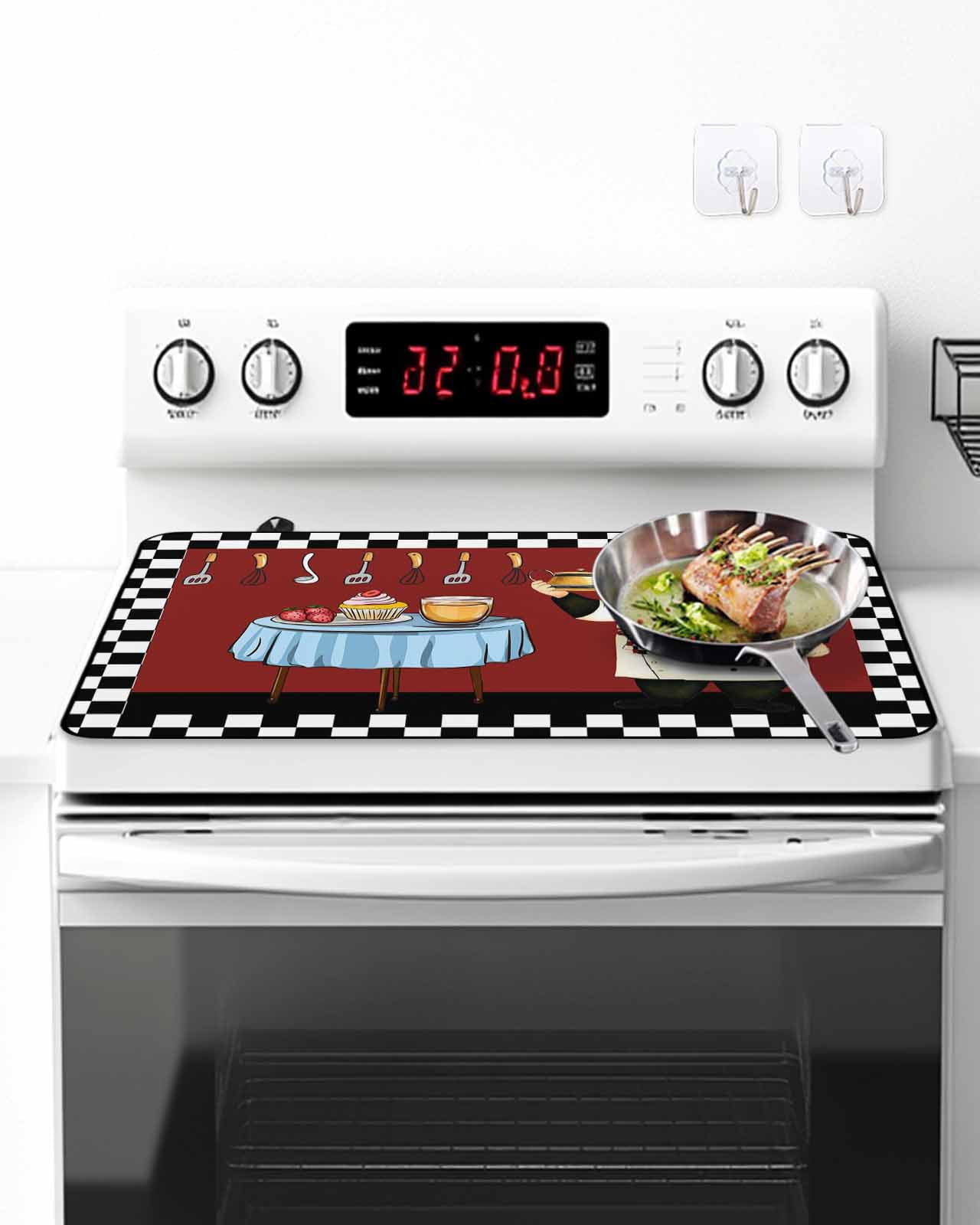 Stove Top Covers for Electric Stove, Chef Glass Stovetop Cover Protector, Cartoon Red Food Cooking Black White Buffalo Check Induction Cooktop Protector Oven Mat for Kitchen Countertop 24"x21"