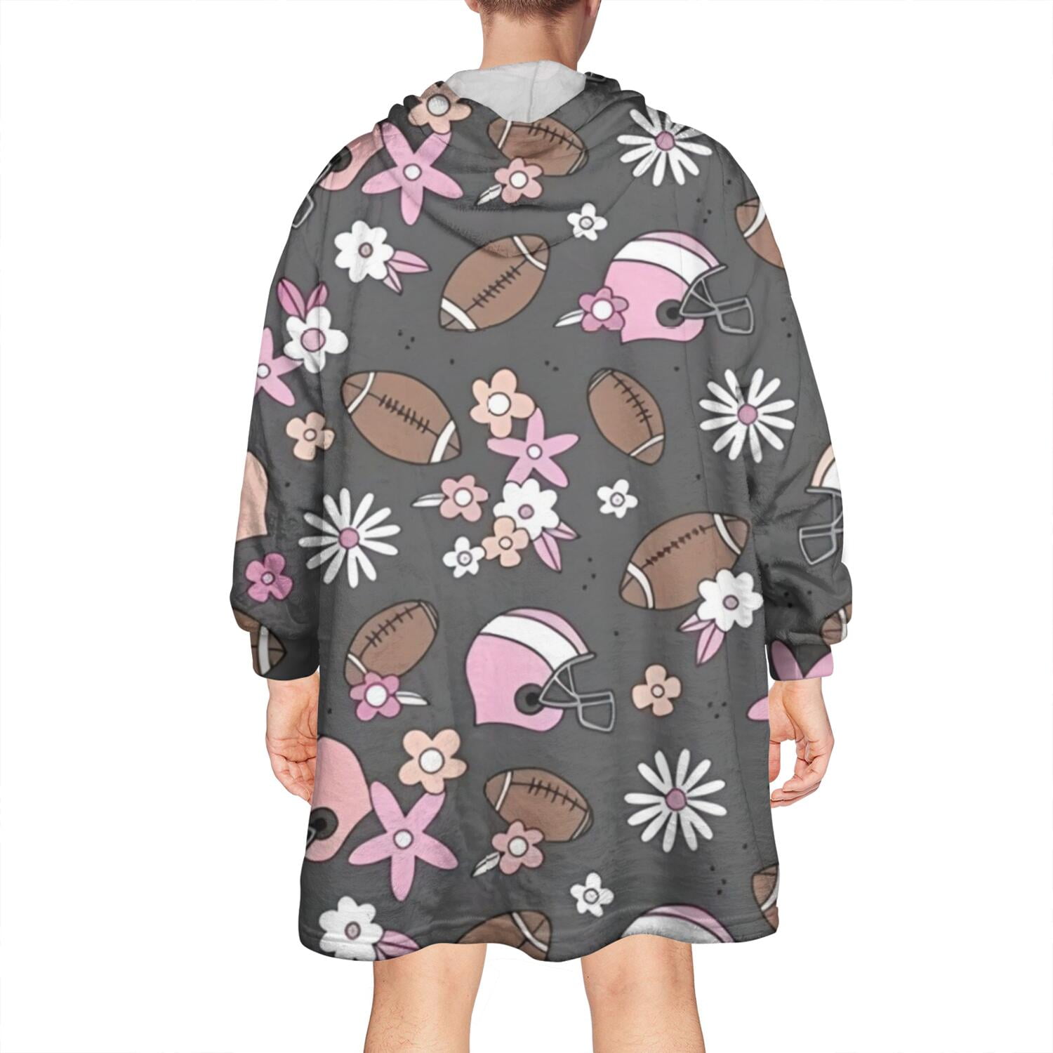 Gray Football and Flowers Pattern Wearable Oversized Blanket,Wearable Blanket Hoodie for Adults,Cozy Hooded Blankets with Super Pockets,Super Warm Fuzzy Pullover for Women & Men