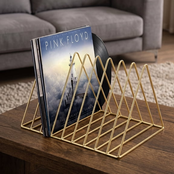 9 Slot Record Holder,Desktop Vinyl Record Storage Holds Up 30 LPs,Metal Magazine Holder Triangle File Holder for Office Homer,Golden