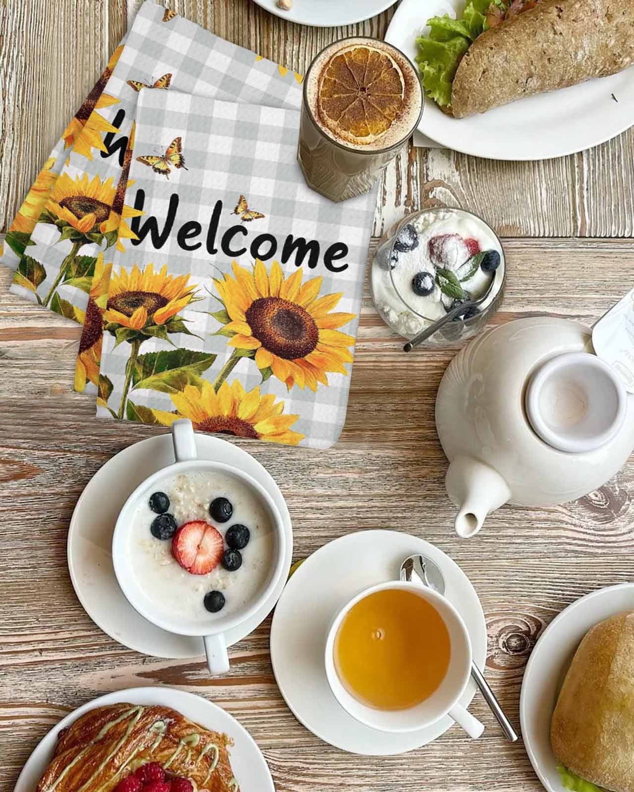 Yellow Sunflower Kitchen Dish Towels for Drying Dishes Set of 2, Butterfly Grey Buffalo Plaid Spring Waffle Weave Microfiber Terry Hand Tea Bathroom Towels Quick Dry & Absorbent Towel 15.7x23.6