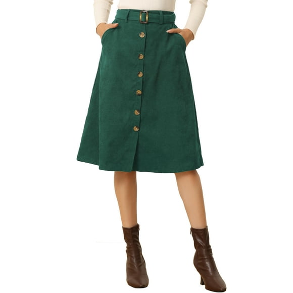 Unique Bargains Women's High Waist Midi Skirts A-Line Button Front Belted Corduroy Skirt Dark Green XL