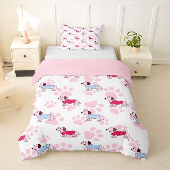 Homewish Kawaii Dachshund Animal Twin Duvet Cover,Pink Dog Paw Print Twin Bedding,Pink Reversible,2pcs,1 Duvet Cover and 1 Pillowcase
