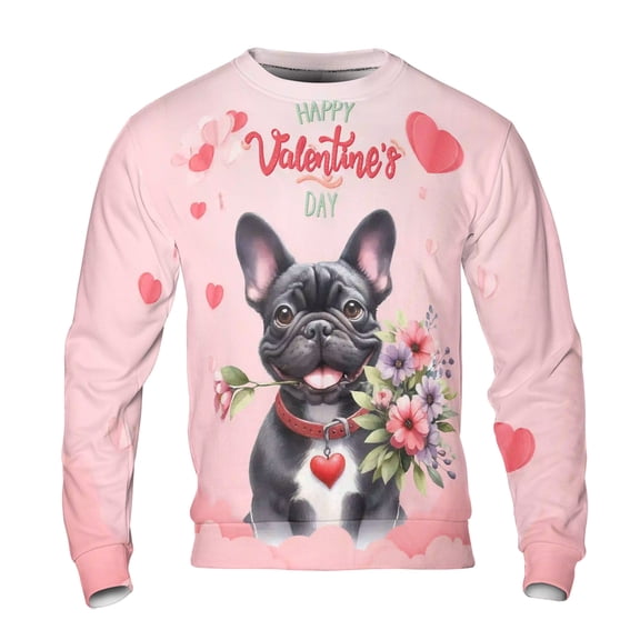 Happy Valentine's Day French Bulldog holding flowers All Over Print 3D Sweatshirt Unisex Merch Dog Lover Gifts - 3005