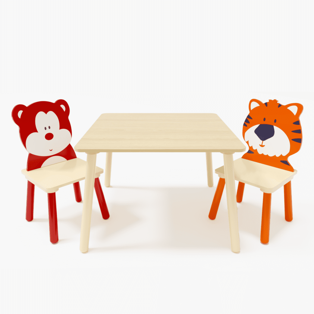 Hassch Children Kids Table and Chair Set (2 Chairs Included) - Ideal for Arts & Crafts, Snack Time, Homeschooling, Homework & More, Wooden Activity Play Table Set (Bear&Tiger)