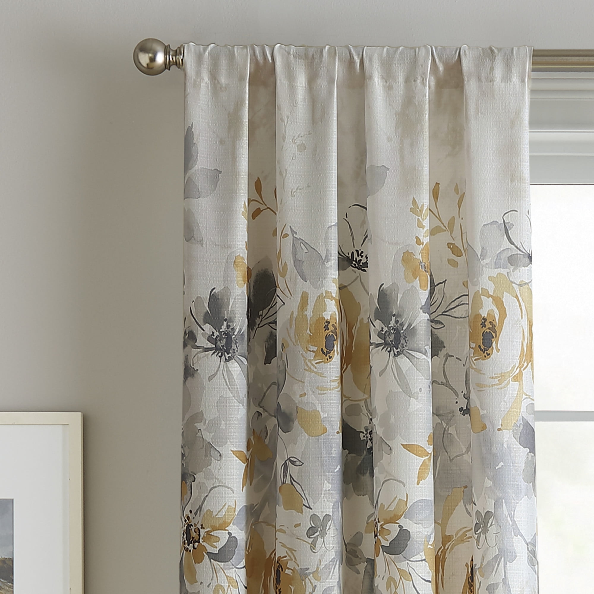 Curtainworks Watercolor Floral Poletop Curtain Panel, 63"L x 50"W, Gold, 100% Polyester, Adult, Indoor