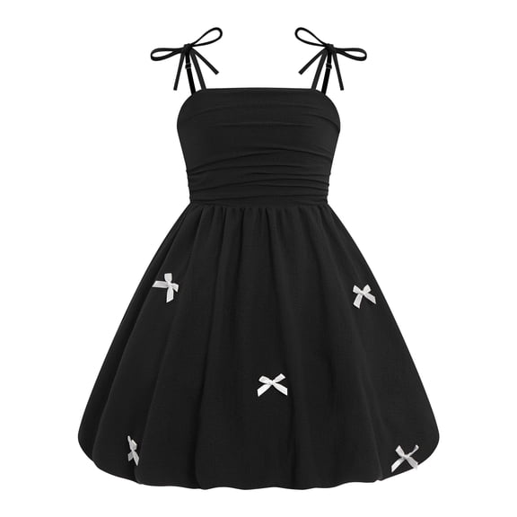 IBTOM CASTLE Girls' Bow Spaghetti Strap Dress - Adjustable A-Line Bubble Hem Party Dress for Summer Birthday Party School 10-11 Years Black