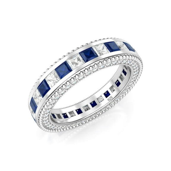Sz 7 Sterling Silver 925 Princess Cut Blue & White Cubic Zirconia CZ Eternity Band Ring