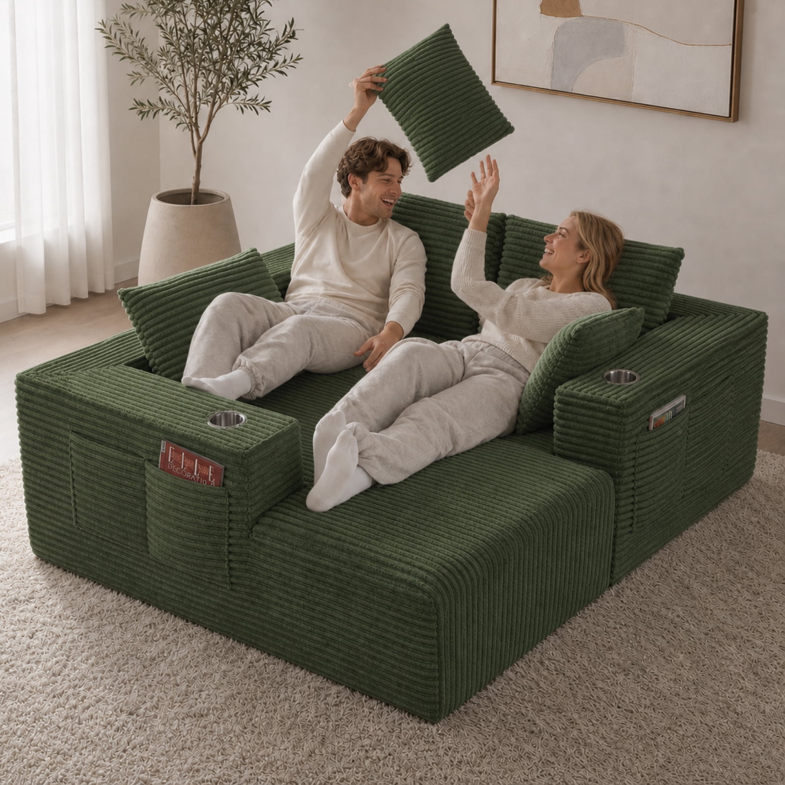 95'' Boneless L Shape Modular Sofa Couch with 4 Pillows and 2 Cup Holders
