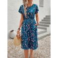 thumbnail image 5 of Women's Floral Drawstring Waist Slant Pocket Casual Midi Dress for Summer, 5 of 6