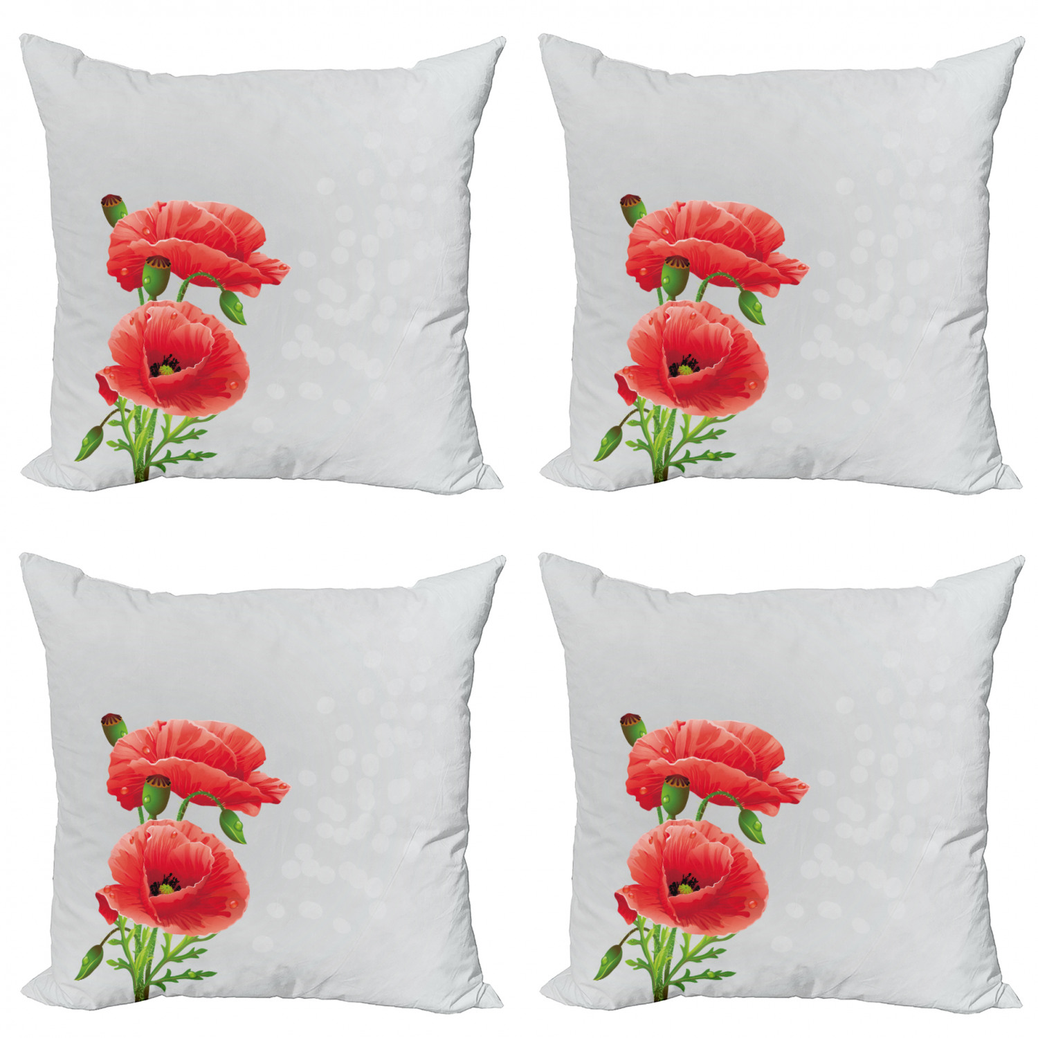 Poppy Throw Pillow Cushion Case Pack of 4, Fresh Garden Inflorescence Petals and Buds Romantic
