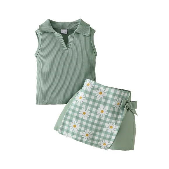 Hiiyo Toddler Girls Outfits Sleeveless Ribbed Tank Top Floral Plaid Shorts 2-Piece Set