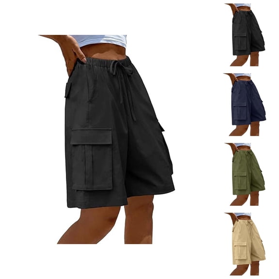 Womens Bermuda Shorts Cargo Pockets Elastic Waistband Drawstring Wide Leg Knee Length Bermuda Long Shorts for Women
