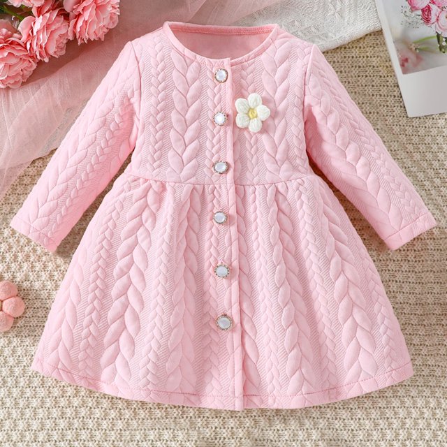 AherBiu Newborn Baby Girl Clothes Long Sleeve Dress Button down Crewneck Ribble Knitted Dress Fall Winter Warm Dress Solid Color