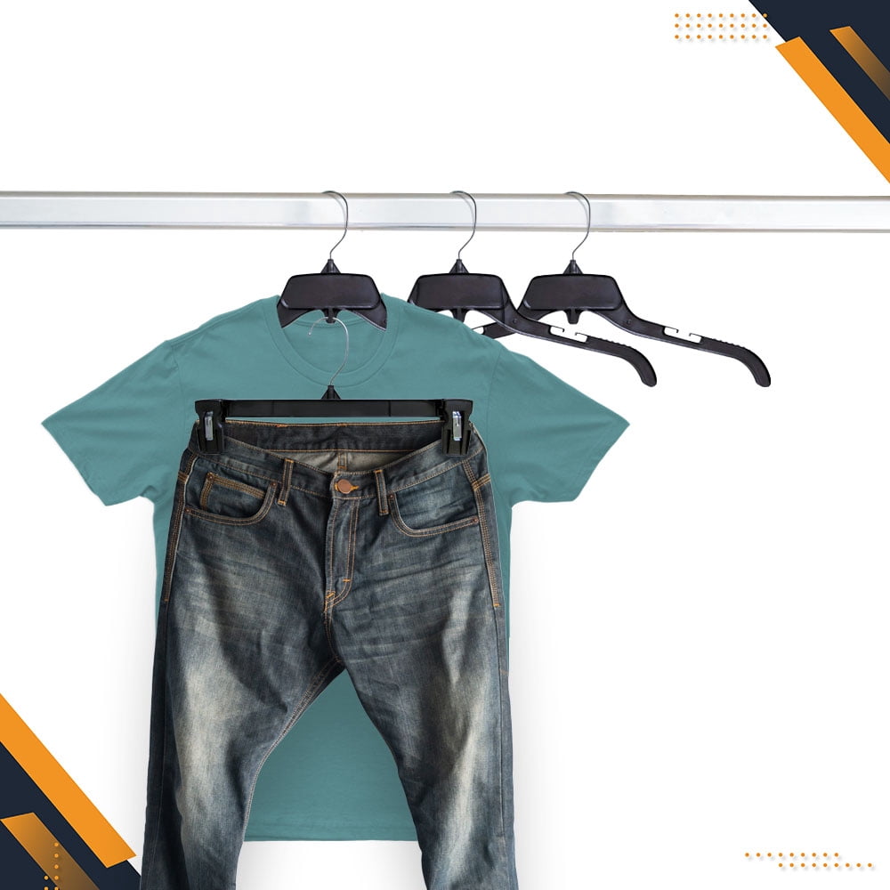 Hanger Central Recycled Black Heavy Duty Plastic Pants & Skirt Bottom Hangers with Plastic Extra Long Pinch Clips and Polished Metal Swivel Hooks, 10 Inch, 25 Pack