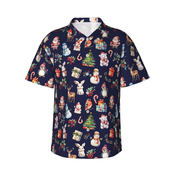 Balery Christmas Critters Delight Camisas hawaianas de manga corta para hombre, camisas playeras de corte holgado, camisas de vacaciones con botones,Medium