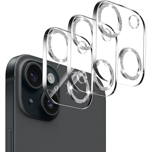 【3 Pack】 Tempered Glass Camera Lens Protector for iPhone 15 6.1" & for iPhone 15 Plus 6.7", Bling Glitter, Ultra HD, 9H Hardness, Anti-Scratch, Case Friendly, Easy to Install