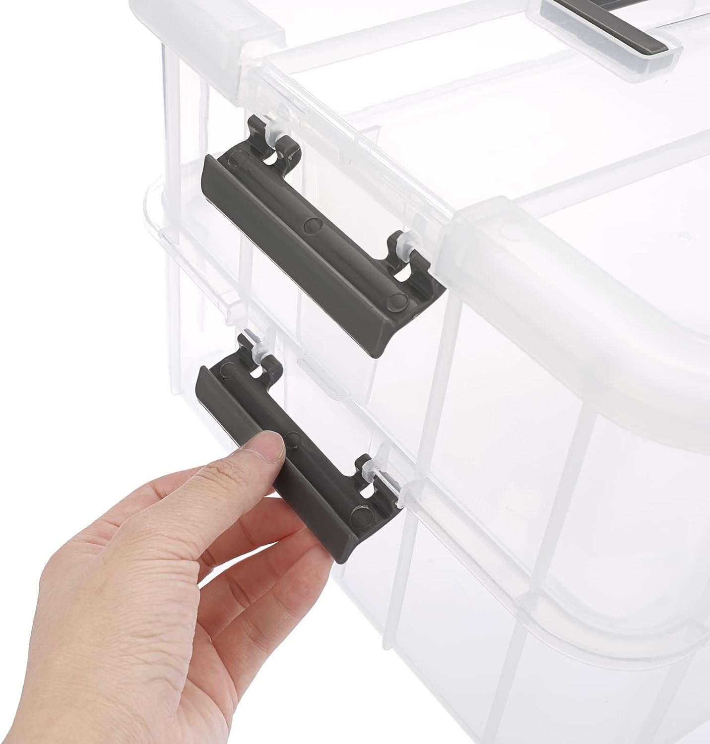 2 Layer Stack & Carry Box, Plastic Multipurpose Portable Storage Container Box Handled Organizer Storage Box for Organizing Stationery, Sewing, Art Craft, Jewelry and Beauty Supplies Dark Grey