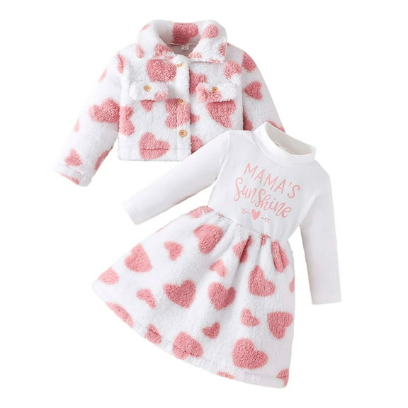 WOYY Toddler Girls Outfits Cute Heart Print Long Sleeve Dress with Coat, Sizes 1-2T
