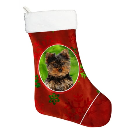 Terrier Holiday Stocking - Red Snowflakes Holiday Christmas Yorkie Puppy / Yorkshire Terrier Christmas Stocking