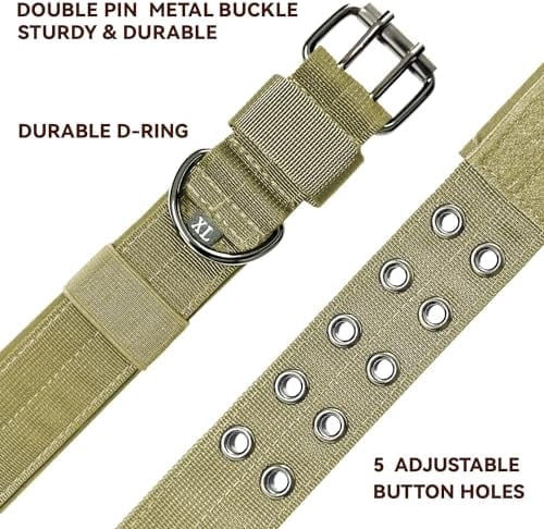 Heavy Duty Dog Collar for Large Dogs, Tactical Dog Collars with Metal Buckle & D Ring, 1.5" Width Thick Adjustable Nylon Collar for Medium Dogs, Khaki/L