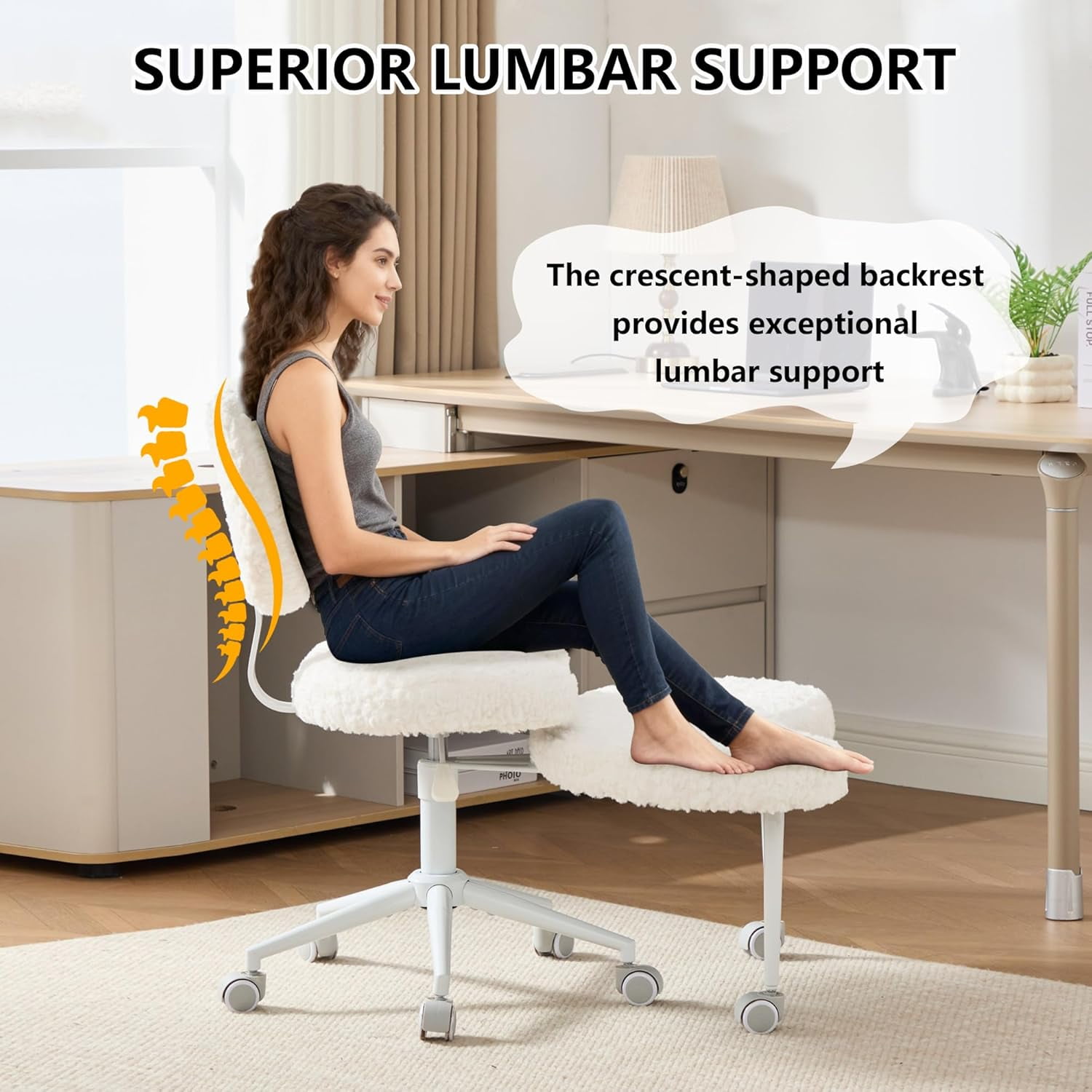 Villeston Cross Legged Office Chair, White Boucle Ergonomic Criss Cross Swivel Desk Chair, Heavy Duty 385 lbs Wide Seat for Meditation& ADHD, Armless