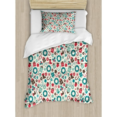 Christmas Twin - Christmas Twin Size Duvet Cover Set, Retro Style Traditional New Year Party Symbols Holly Wreath Socks, Decorative 2 Piece Bedding Set with 1 Pillow Sham, Teal Dark Coral Dark Brown, by Ambesonne