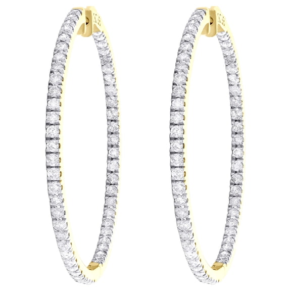 14K Yellow Gold Genuine Diamond Womens 3mm XL In & Out Hinged Hoop Earrings 5 CT