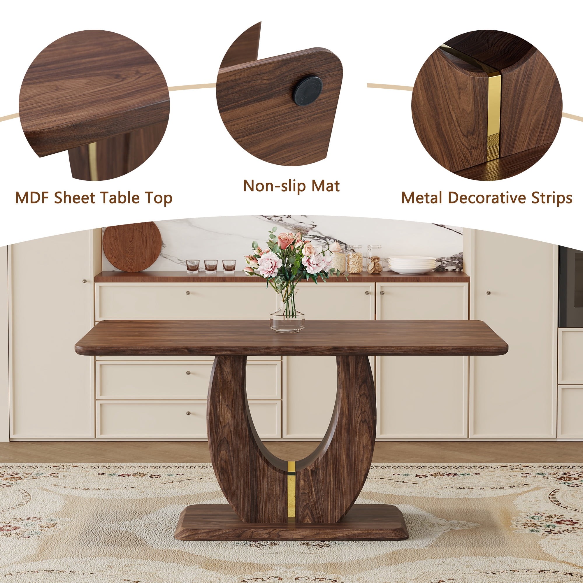 JUFU 63'' Dining Table Rectangular Walnut Tabletop, Easy Assembly, Ideal for Dining Room Kitchen