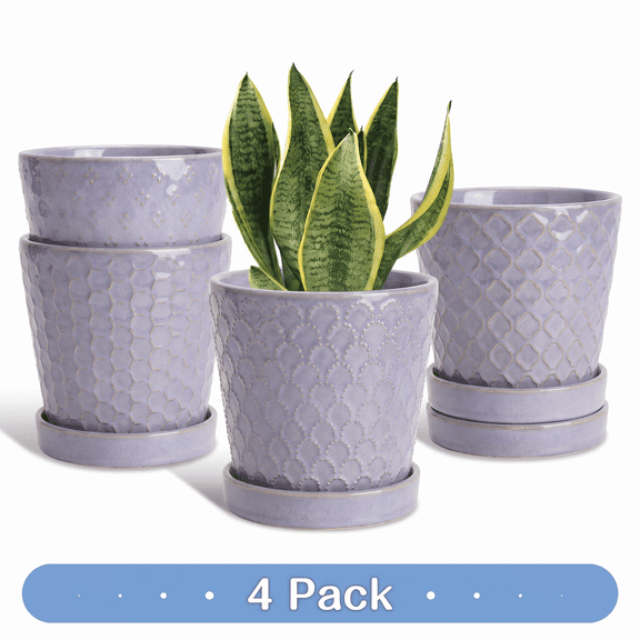 BUYMAX 5 inch Lavender Ceramic Plant Pots with Drainage Holes & Saucers, 4-Pack for Herbs, Cactus, Succulents, Home Office Decor