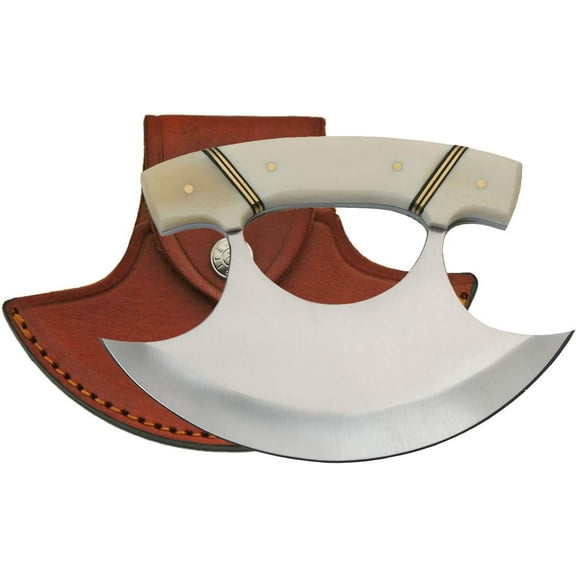 Szco Supplies 5.5" Ulu Style Crescent Blade Knife with Bone Handle and Leather Sheath – Stainless Steel Kitchen and Outdoor Utility Tool