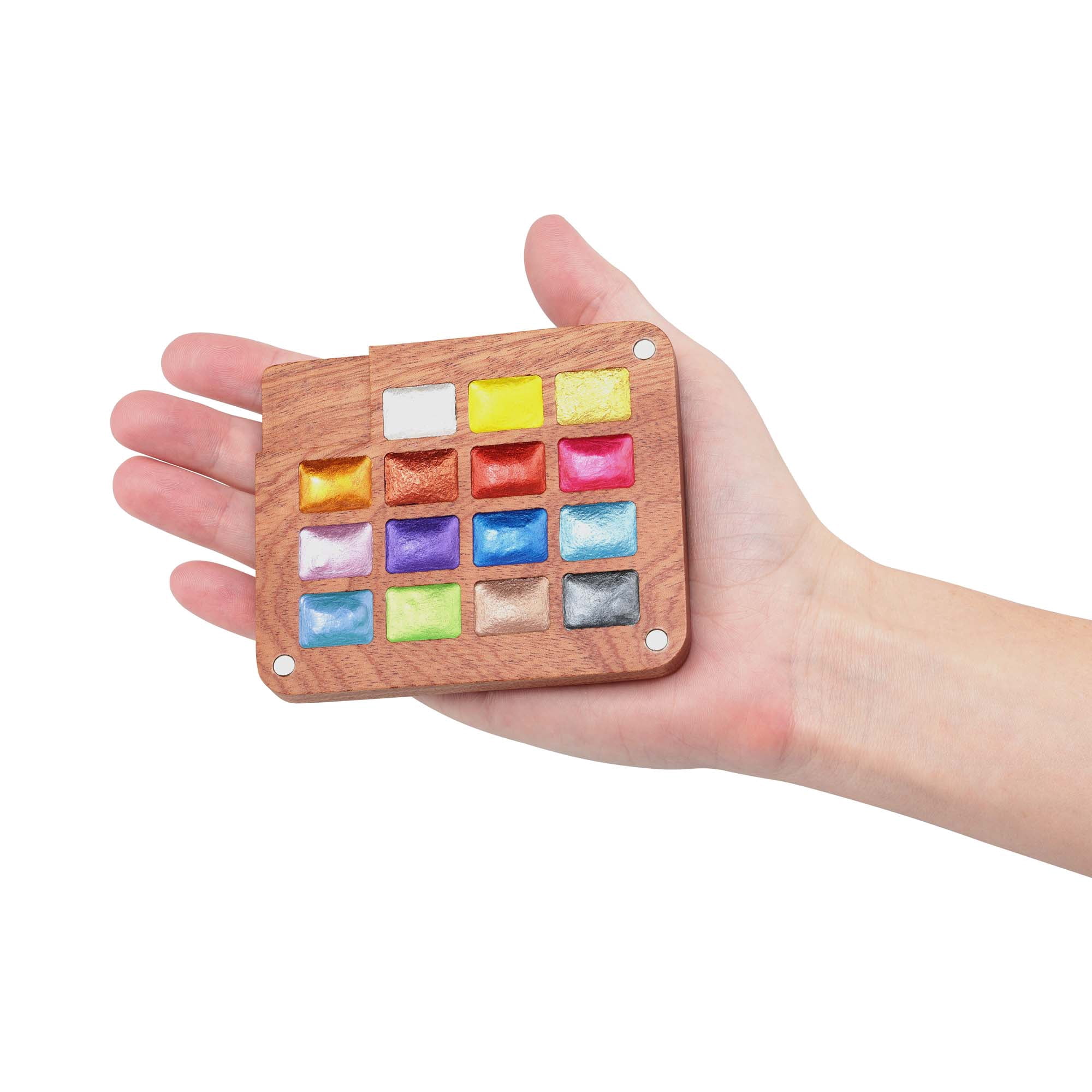SoHo Urban Artist Mini Wooden Travel Watercolor Set of 15 Metallic Paints - Professional Watercolor Paint Set for Plein Air Artists, Semi-Moist Pans, Pocket-Sized Magnetic Wood Case with Mixing Area