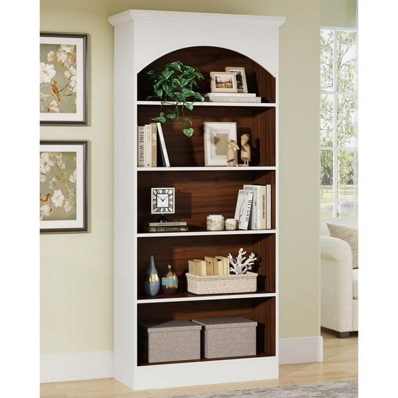 Eulas 70.9 in. Tall White and Oak Engineered Wood 5-Shelf Vintage Bookcase Bookshelf