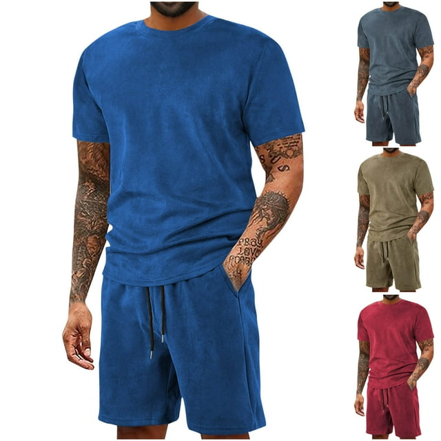 Fengqque Summer 2Pcs Men's Casual Clothes Set, Short Sleeve T-Shirt Tops Shorts with Pocket Solid Color Tracksuit Set Wine XL(XL)