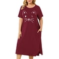 thumbnail image 1 of Women's Plus Size Nightgown Cat Print with Pocket Sleep Dress Sleepwear Burgundy 3X, 1 of 6
