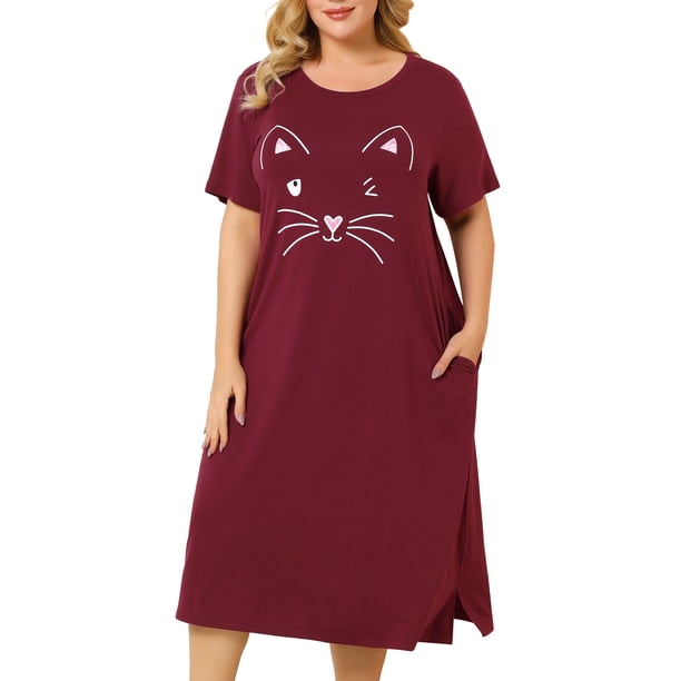 Women's Plus Size Nightgown Cat Print with Pocket Sleep Dress Sleepwear Burgundy 3X