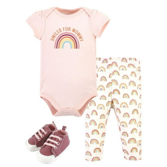 Hudson Baby Infant Girl Cotton Bodysuit, Pant and Shoe Set, Sunshine Rainbows, Newborn