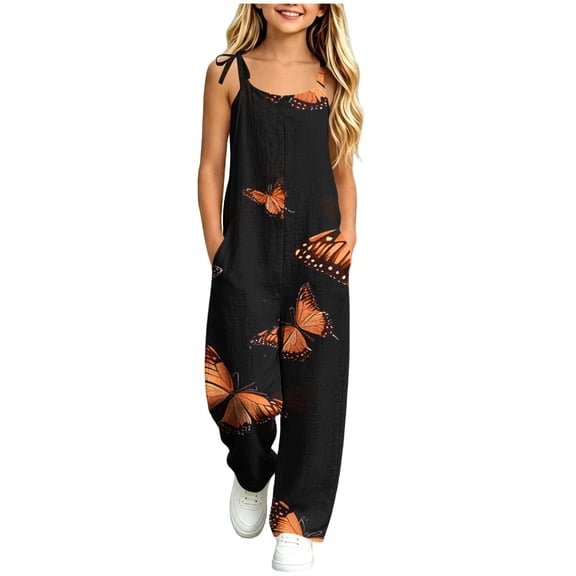 Girls Printed Cami Jumpsuits Sleeveless Spaghetti Straps Jumpsuit Fashion Casual Loose Trousers with Pockets Orange 11-12 Years