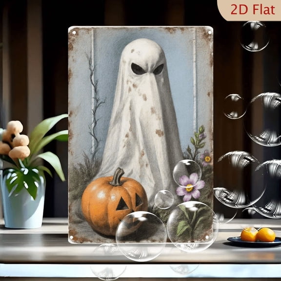 1pc Metal Wall Sign, 8x12 Inches, Vintage Halloween Ghost with Jack-o'-Lantern and Purple Flowers Rustic Tin Art Decor, Ideal for Indoor Outdoor Home Porch