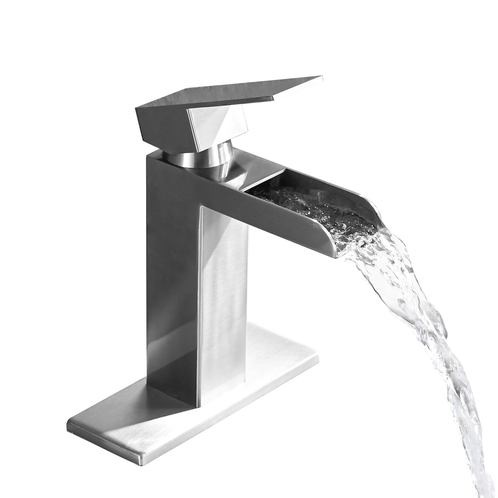 MAYEERTY Brushed Nickel Waterfall Single Handle Bathroom Faucet with Deck Plate & Pop-Up Drain, Brushed Nickel