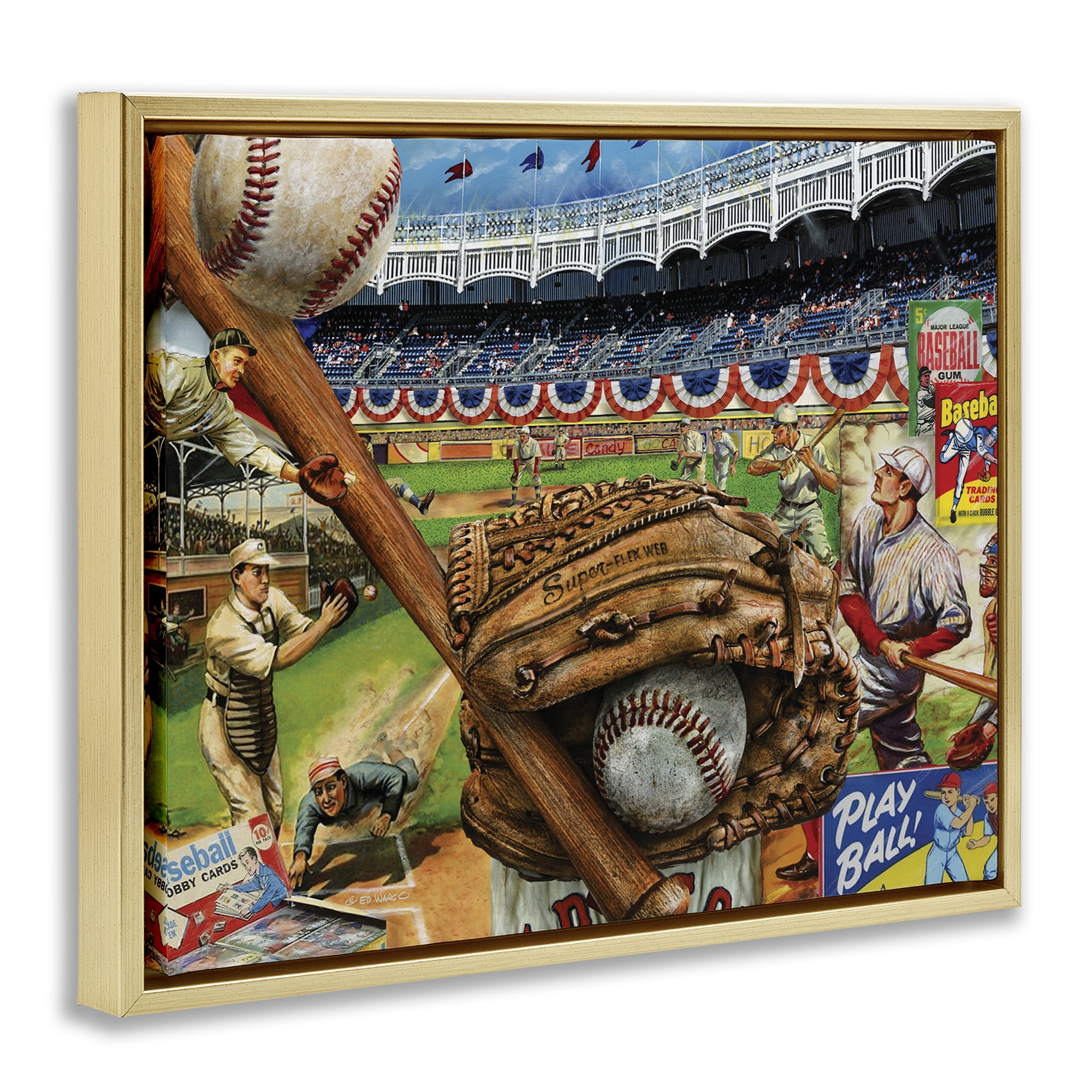 Stupell Industries Baseball Sports Collage Sports Painting Gold Floater Framed Art Print Wall Art, 21 x 17