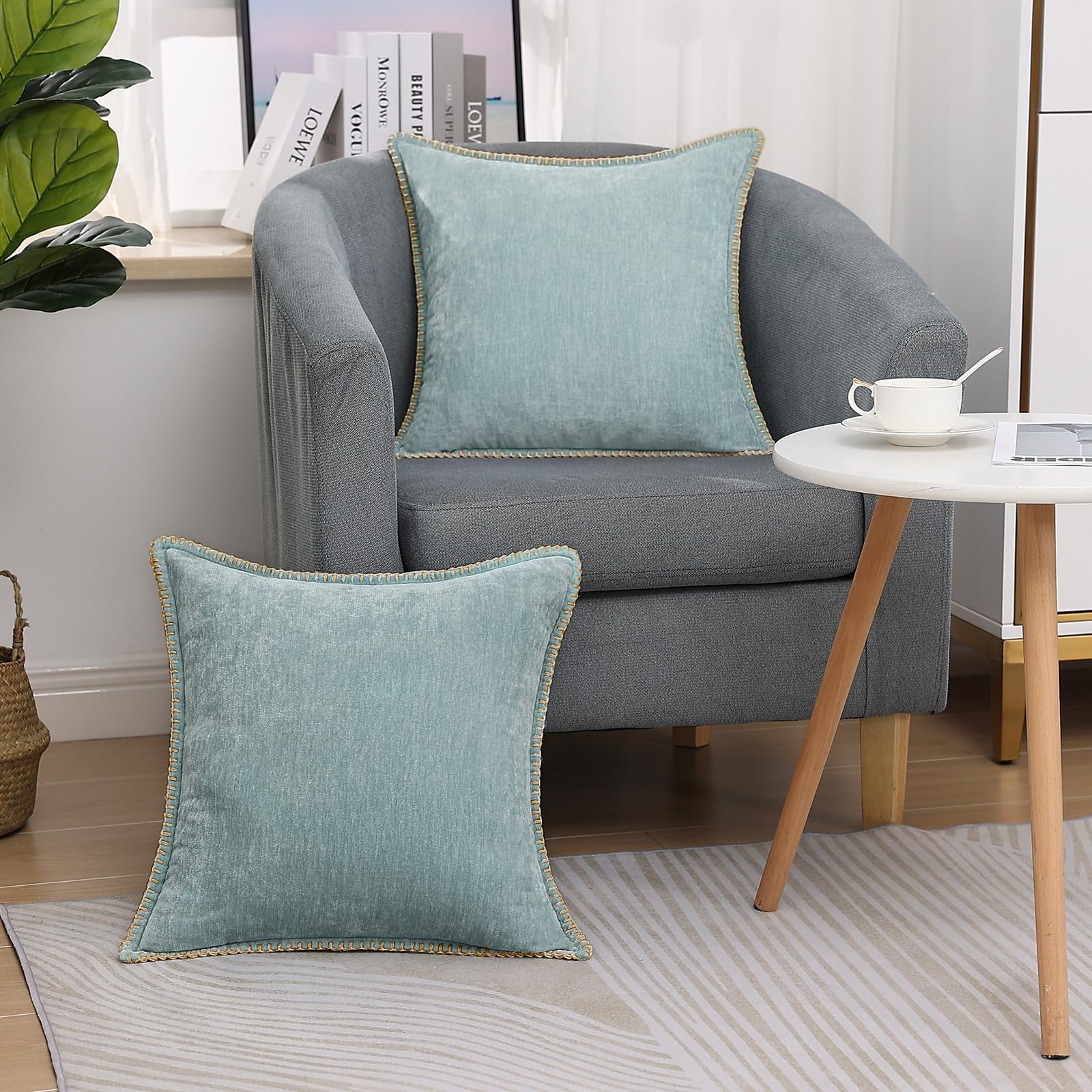 decorUhome Chenille Throw Pillow Covers 20x20 Set of 2, Soft Farmhouse Decorative Pillow Covers, Aqua Haze(Pillow Cover Only, No Inserts Included)