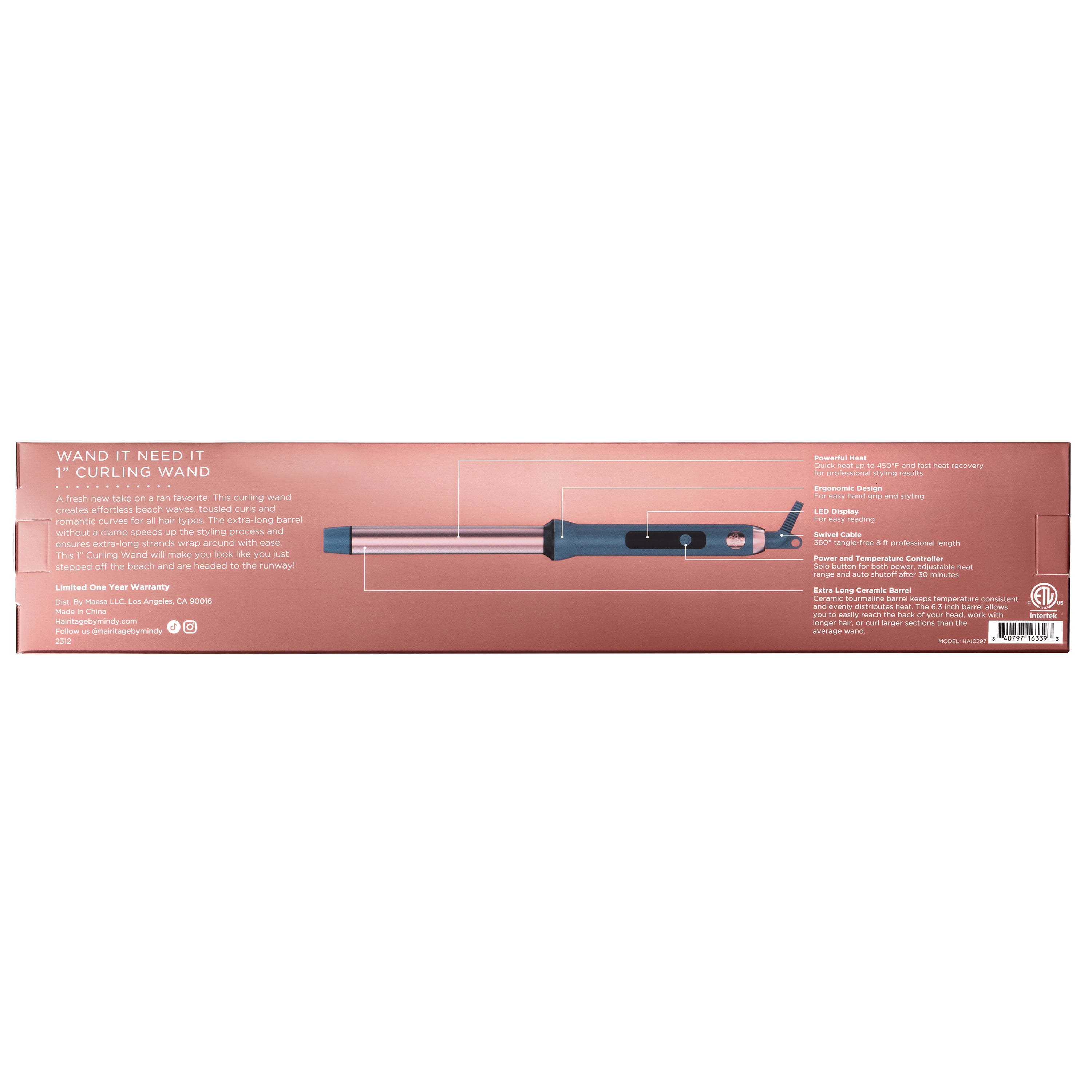 Hairitage Wand It Need It Extra-Long 1 inch Ceramic Tourmaline Curling Iron Wand for Long Hair