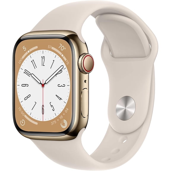 Pre-Owned Apple Watch Series 8 GPS + Cellular 41mm Gold Stainless Steel Case with Sport Band - S/M. Fitness Tracker, Blood Oxygen & ECG Apps, Always-On Retina Display - Starlight