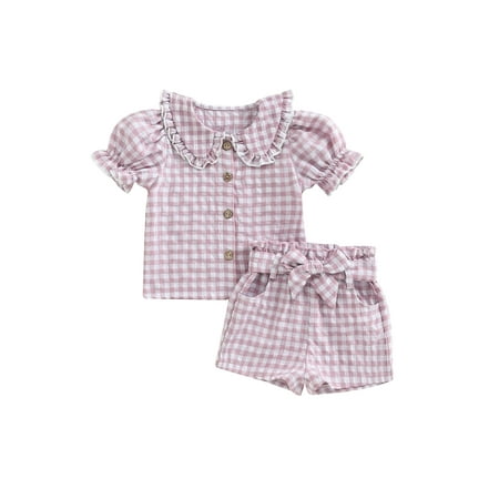 

Wassery 2PCS Kids Girls Summer Outfits Short Sleeve Doll Collar Plaid Print Button Shirt + Shorts Set 2 3 4 5 6 Year Toddler Baby Girls Clothes