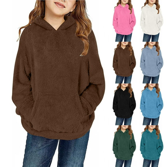 Miluxas Girls Fuzzy Fleece Hoodies Casual Sweatshirt Sherpa Pullover with Kangaroo Pockets Hot Pink 13 Years