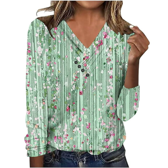 Hanen Long Sleeve Womens Tops Casual Women's Fashion Printed V-Neck Pullover Long Sleeve Casual Button Top Athletic Sweatshirts for Women
