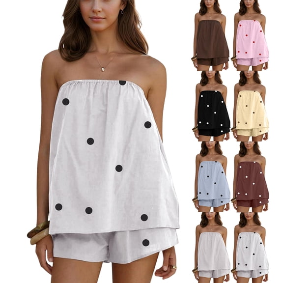 Women Polka Dot 2 Piece Shorts Set Strapless Tube Top and Shorts Lounge Sets Summer Vacation Matching Outfits