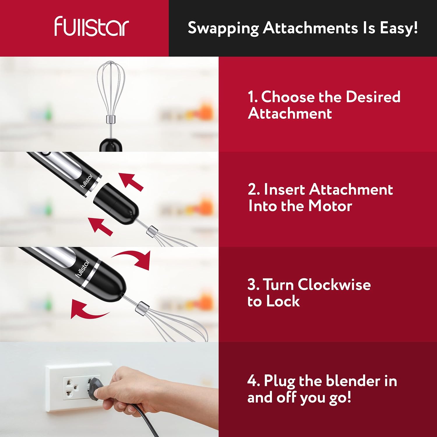 Fullstar - Handheld Electric Immersion Blender, 9-Speed, Hand Mixer for Kitchen - 3-in-1, Black