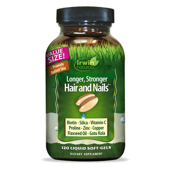 Irwin Naturals Longer, Stronger Hair and Nails - 120 Liquid Softgels - Promotes Vibrant Shine Texture & Strength - 60 Total Servings
