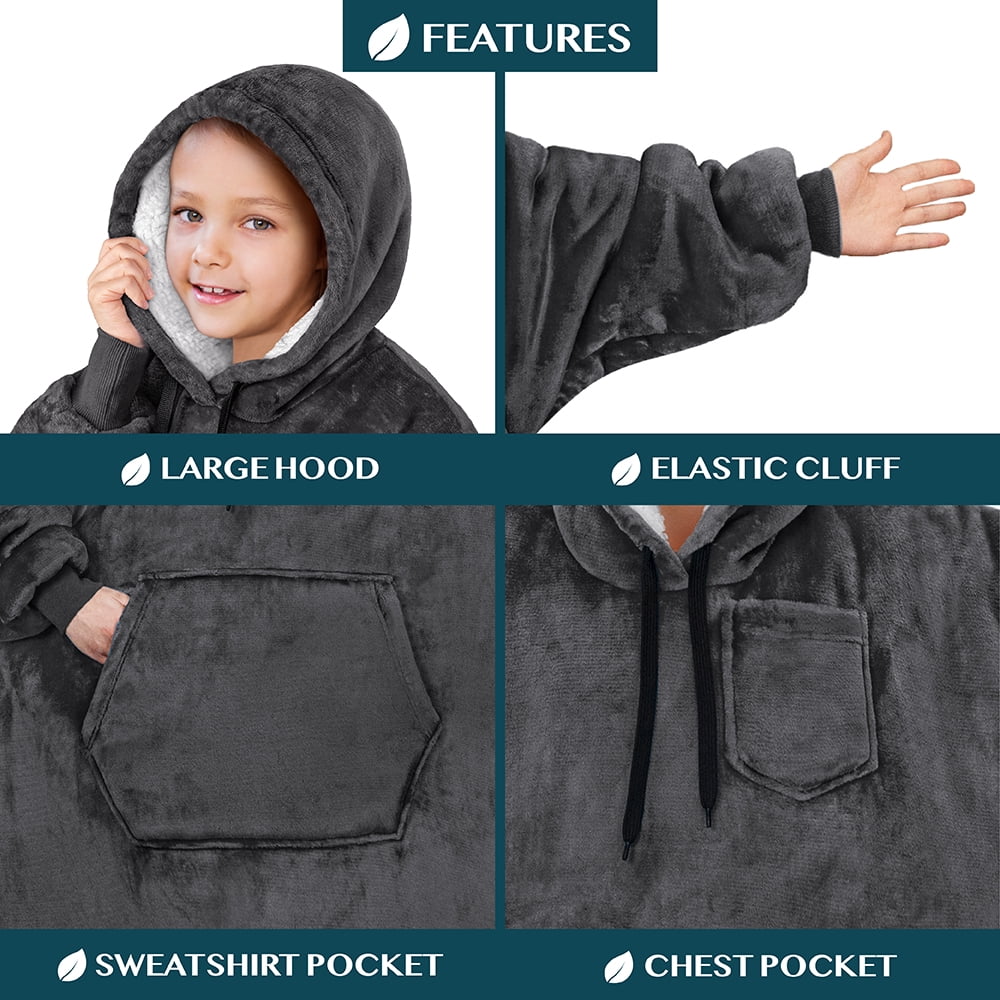 PAVILIA Wearable Blanket Sweatshirt for Kids Boy Girl Dark Grey Charcoal, Warm Cozy Giant Blanket Hoodie, Fleece Sherpa Oversized Blanket Sweatshirt with Sleeves, Big Pocket, Christmas Gift